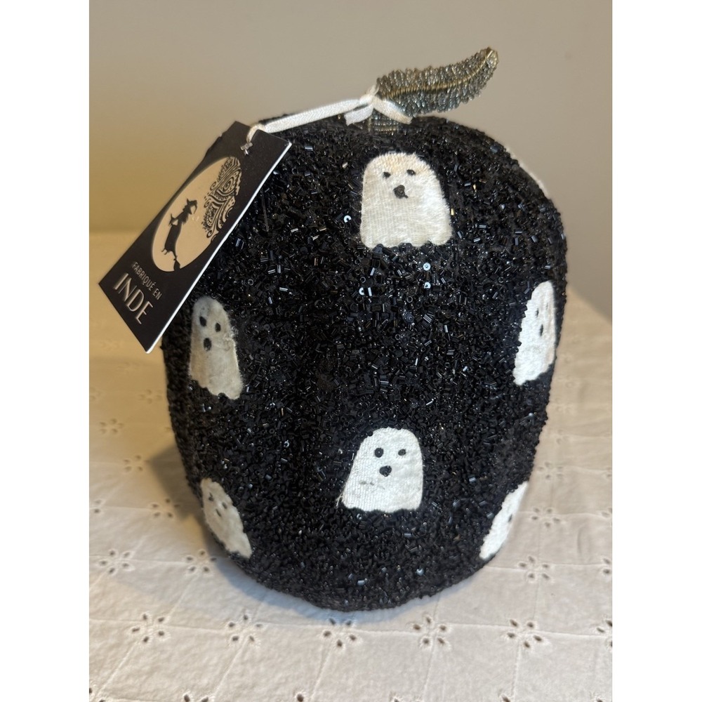 Beaded Black Ghost Pumpkin Decor 10" Halloween Beaded‎ Fabric Pumpkin